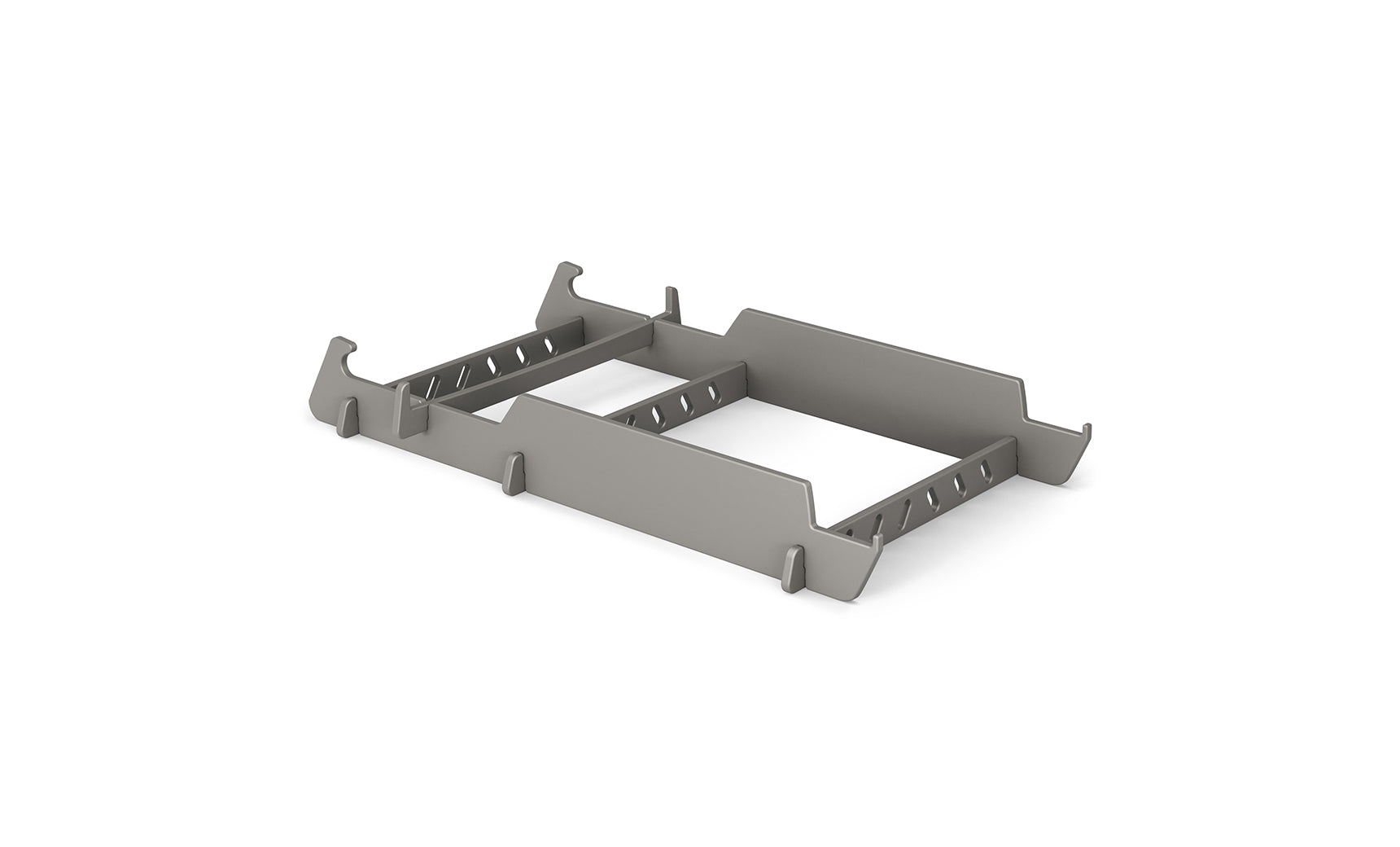 A gray metal server rack mount bracket with angled edges is designed to hold equipment securely, similar to the precision of a Signature Lowback Chair Riser by Ledge Lounger. It features multiple cutouts and slots for adjustable fitting, all set against a white background.