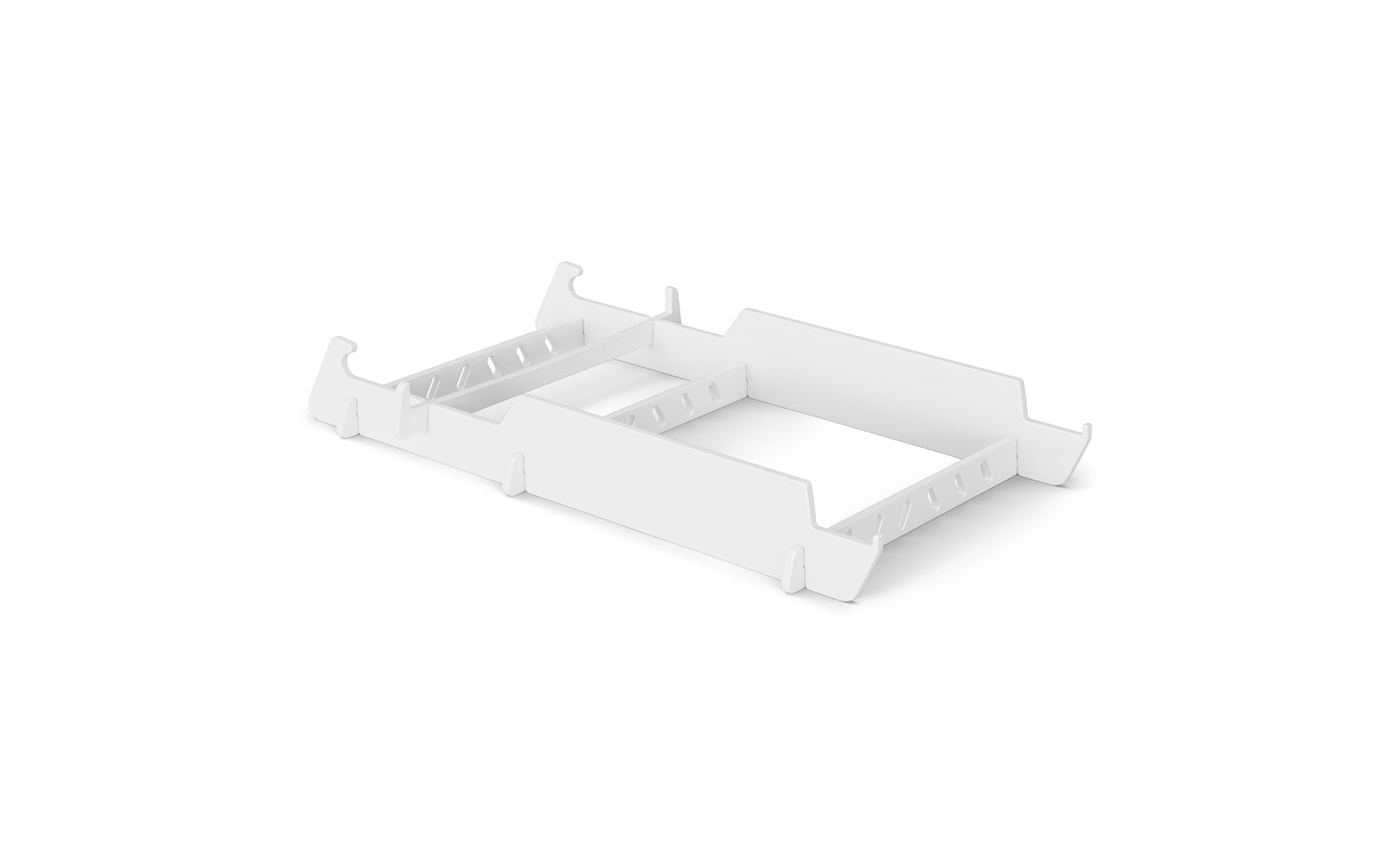 White, rectangular, stackable plastic storage tray with adjustable dividers. Perfect for organizing items in drawers or on shelves, this Ledge Lounger-inspired design adds a touch of elegance to any space.