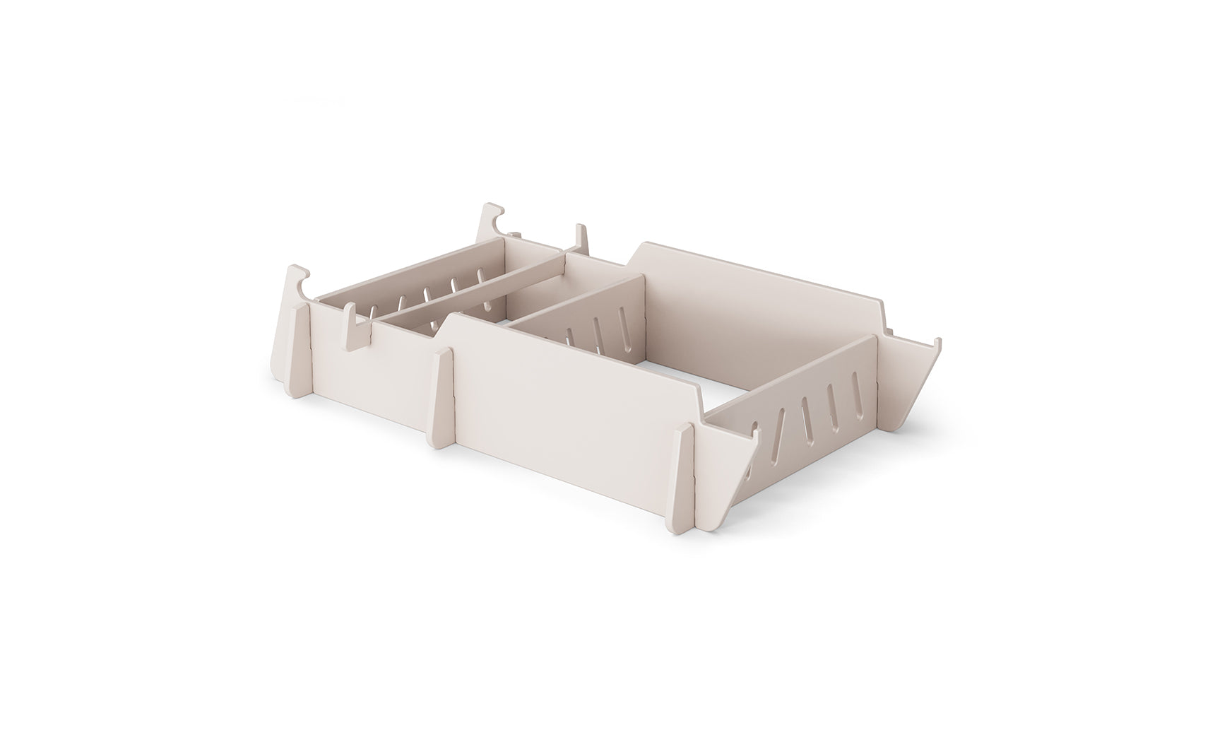 A stylish, beige drawer organizer with adjustable sections and slotted edges for custom compartments, reminiscent of a Signature Lowback Chair Riser by Ledge Lounger, rests elegantly on a plain white background.