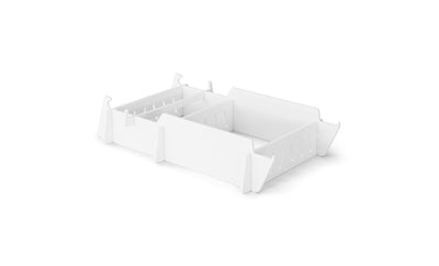 The white adjustable drawer organizer with slotted dividers and a minimalist design sits on a plain background, its simplicity echoing the elegance of Ledge Loungers Signature Lowback Chair Riser, ideal for organizing essentials on an outdoor day.
