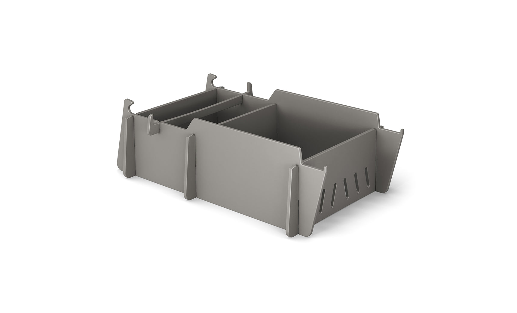 The Ledge Lounger Signature Lowback Chair Riser is a gray modular storage box with three compartments and detachable panels. It features side slots for ventilation, an interlocking system for stacking, and is perfect for outdoor use or by pool seats, set against a plain white background.