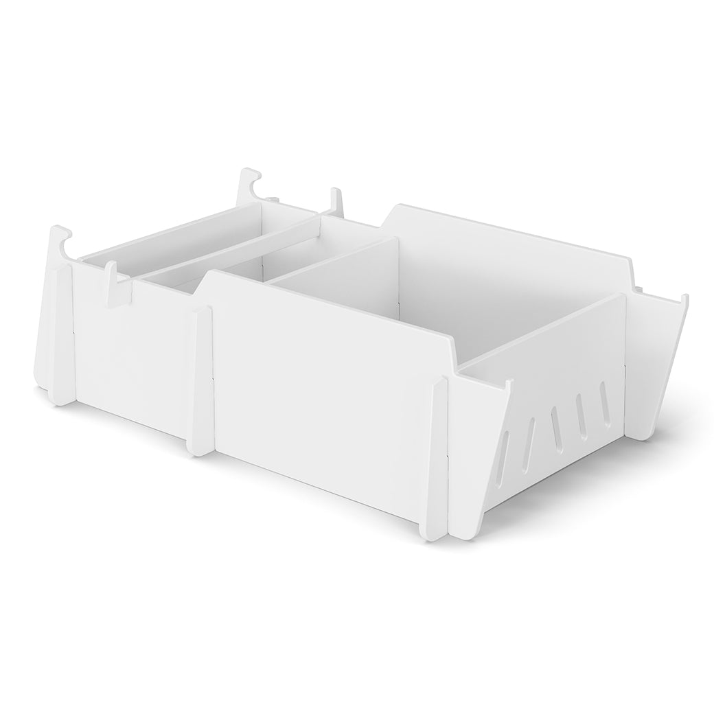 The Signature Lowback Chair Riser by Ledge Lounger is a white multi-compartment storage box with three sections against a plain white background. It includes side slots and notches for adjustable dividers, providing customizable storage solutions.