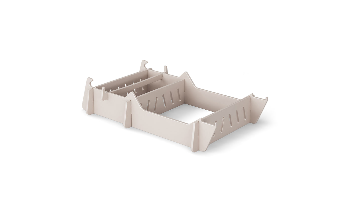 The Signature Chair Riser by Ledge Lounger features a beige color, adjustable design with interlocking panels and slotted sides. Its perfect for organizing outdoor essentials.