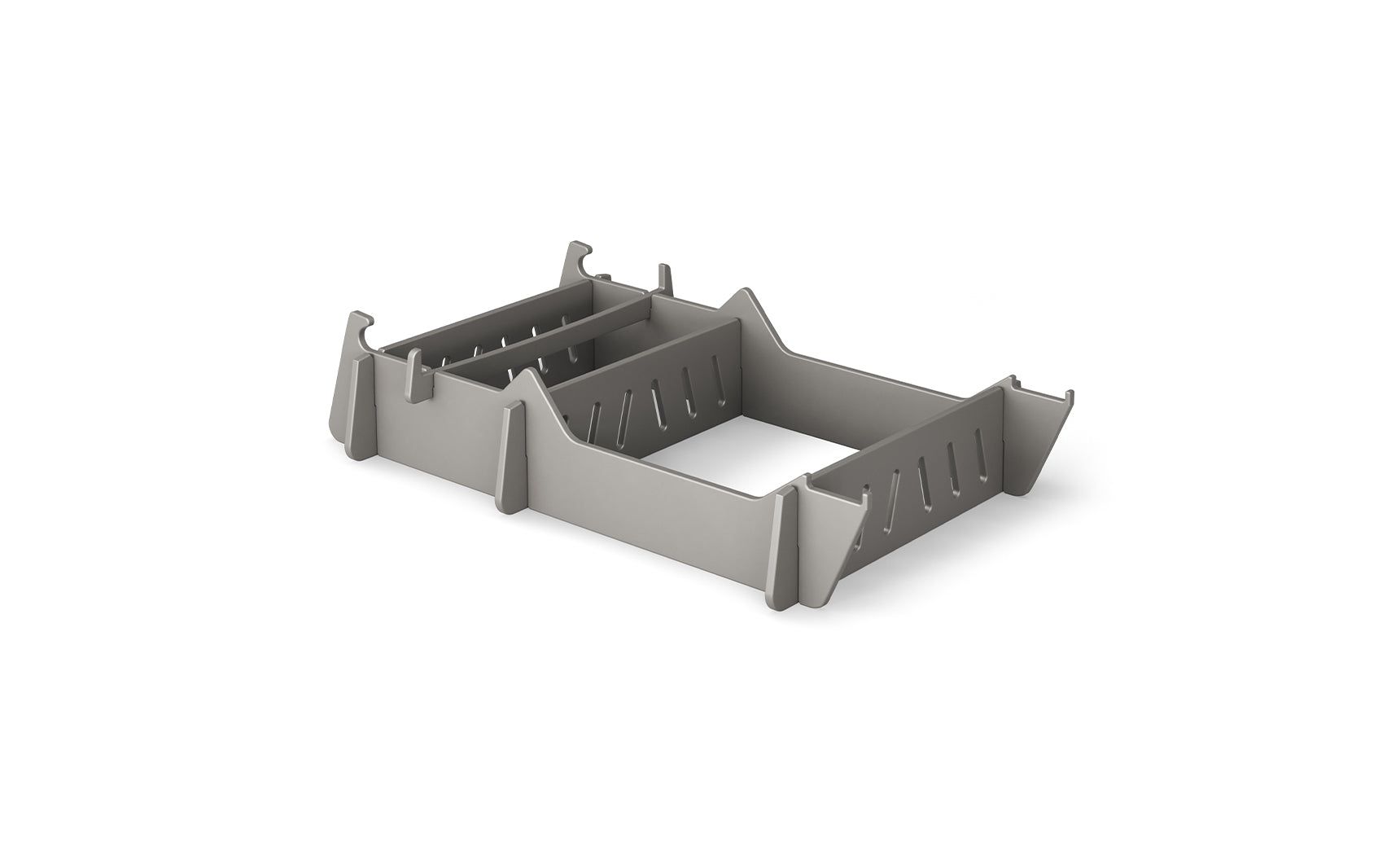 The Signature Chair Riser by Ledge Lounger is a gray, rectangular plastic organizer with vertical dividers and slotted sides, ideal for sorting stationery.