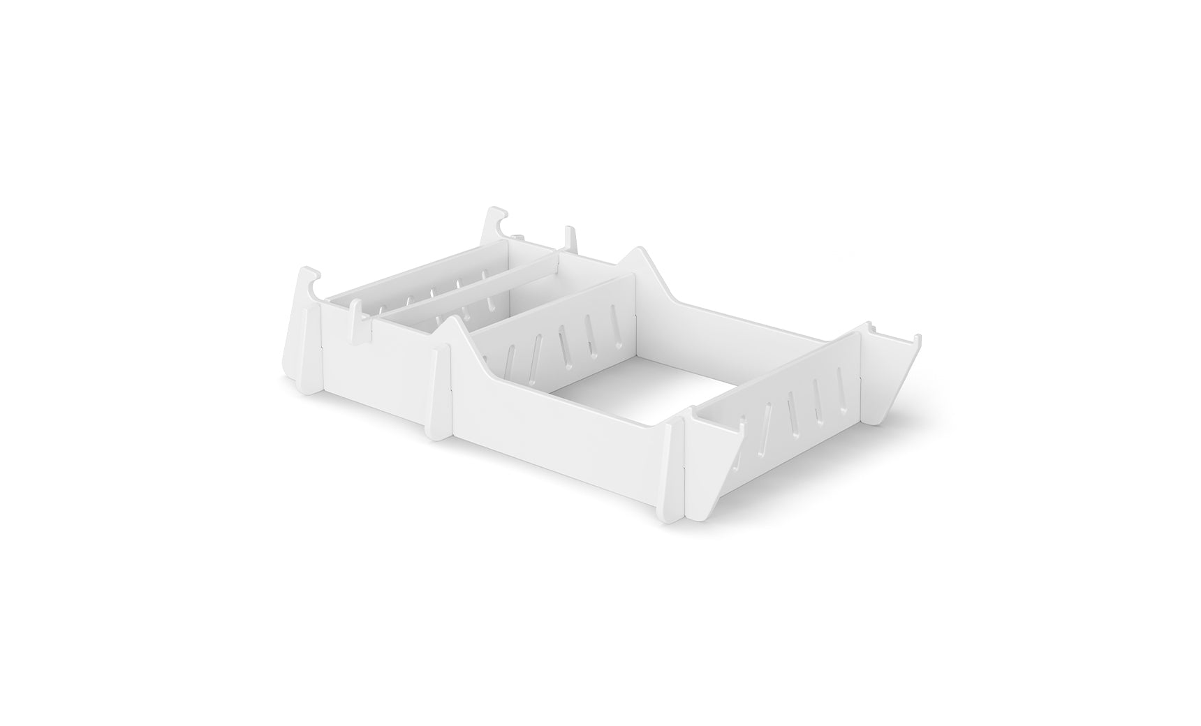The Ledge Lounger Signature Chair Riser features a white organizer with multiple compartments and slotted dividers for customizable storage, ideal for outdoor organizing against a plain white background.