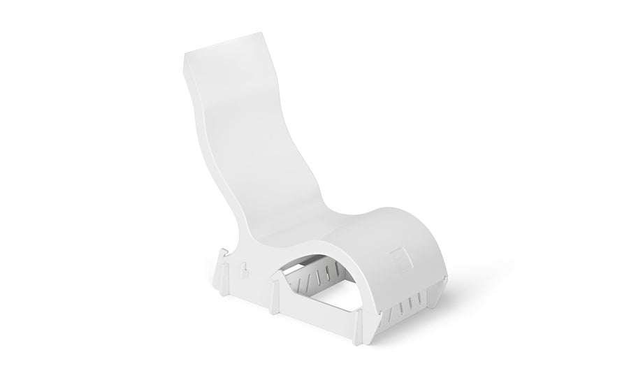 The Ledge Lounger Signature Chair With Riser, a modern white plastic poolside seat with a curved ergonomic design and raised base, is ideal for relaxing on a tanning ledge and is shown against a plain white background.