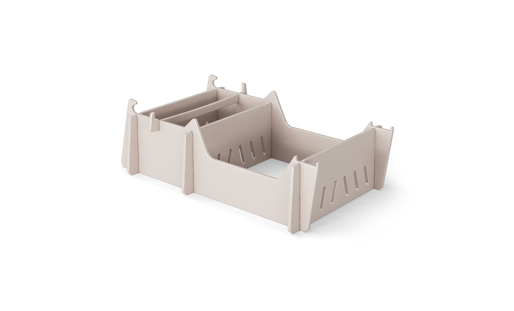 A beige, rectangular plastic organizer with two compartments and side slots features raised sides and hooks for stacking, resembling the Signature Chair Riser by Ledge Lounger. Its showcased on a plain white background.