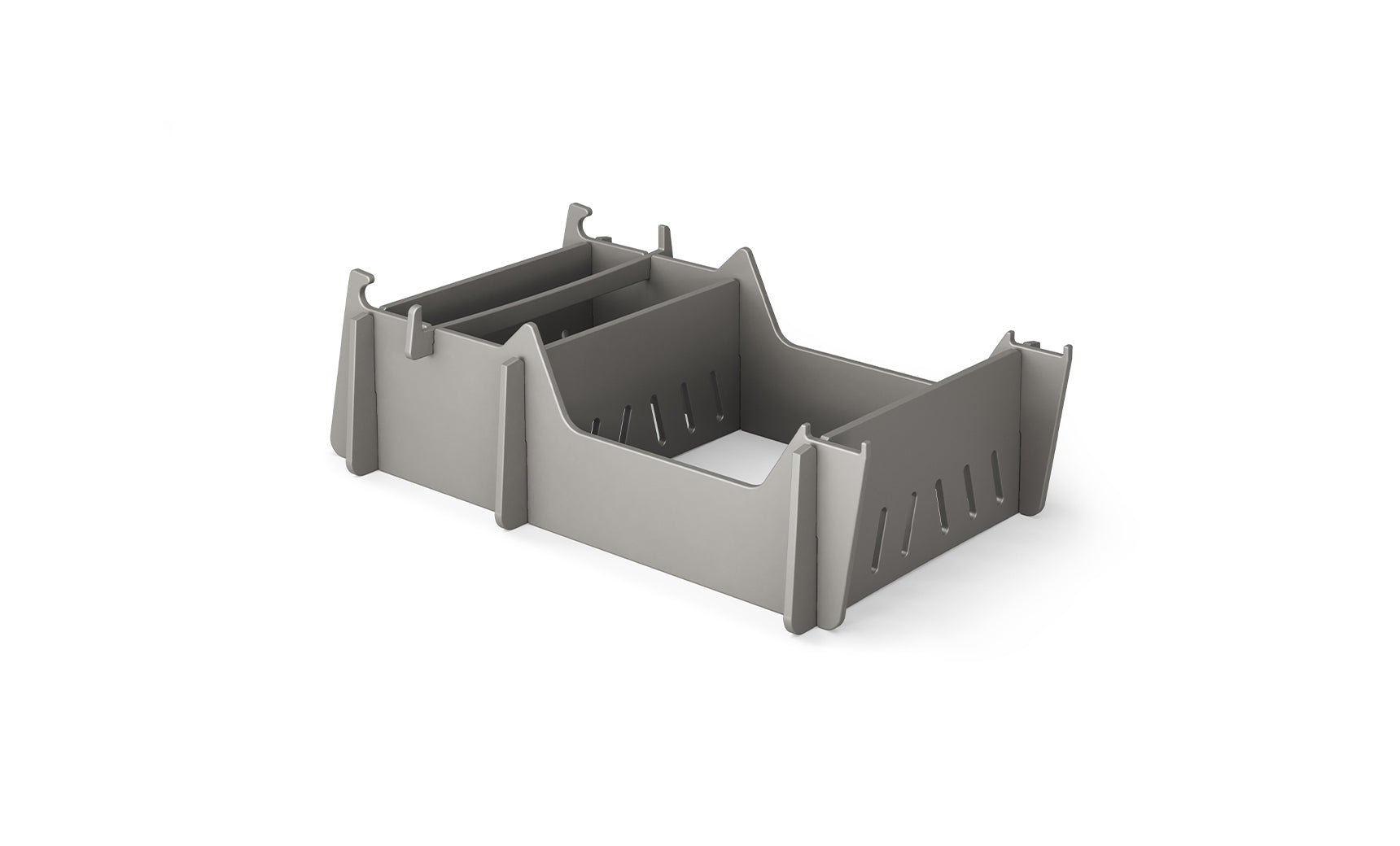 A gray, rectangular Signature Chair Riser by Ledge Lounger with vertical slits and pointed corner supports sits on a white background, ideal for organizing essentials during outdoor activities.