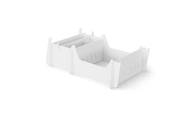 A white, rectangular plastic storage box with side handles and slotted walls is angled against a plain white background. Ideal as a Ledge Lounger Signature Chair Riser for organizing poolside essentials outdoors.