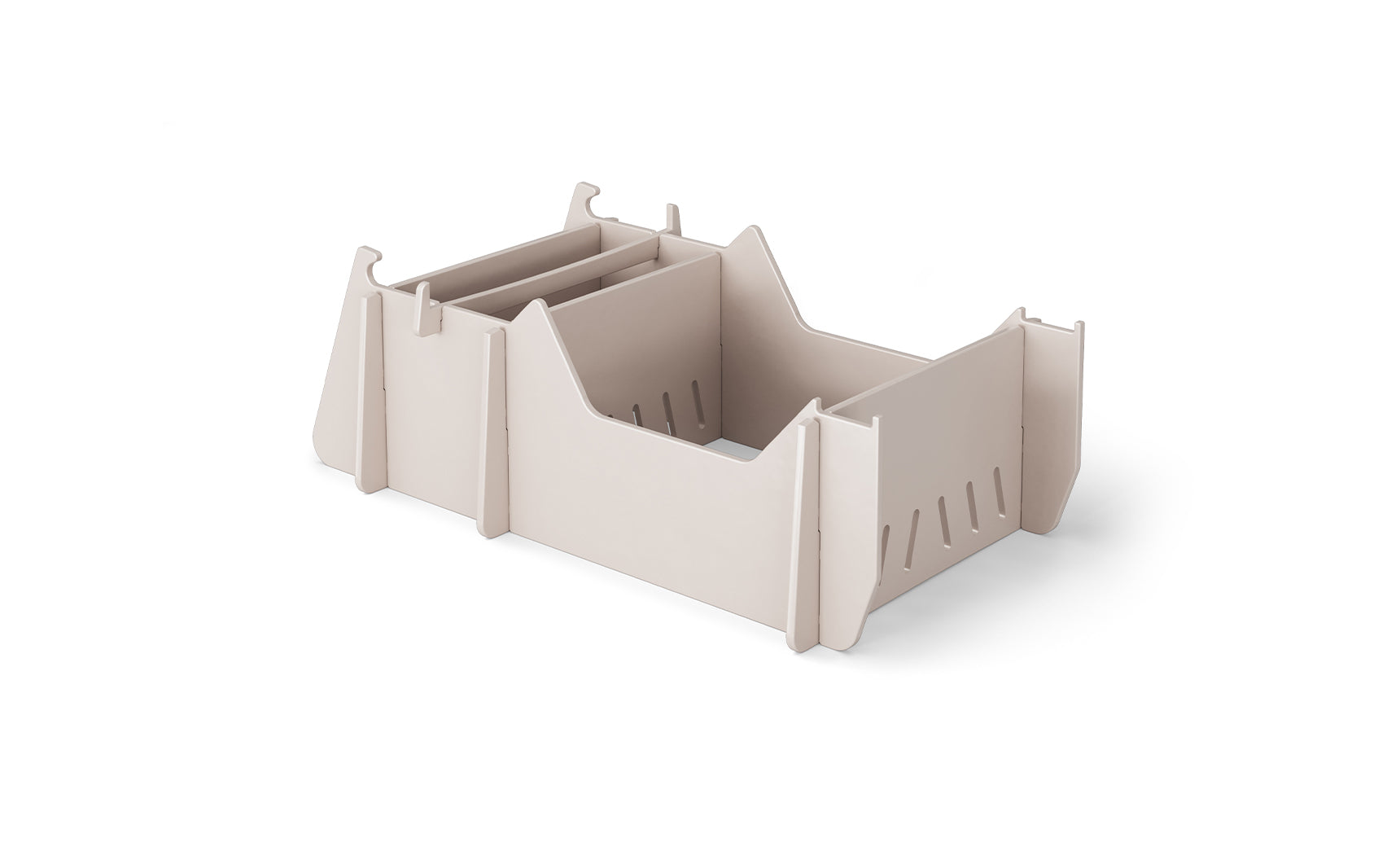The Signature Chair Riser by Ledge Lounger is an ideal organizer for outdoor items with its beige modular design, adjustable dividers, slotted sides, and rectangular base.