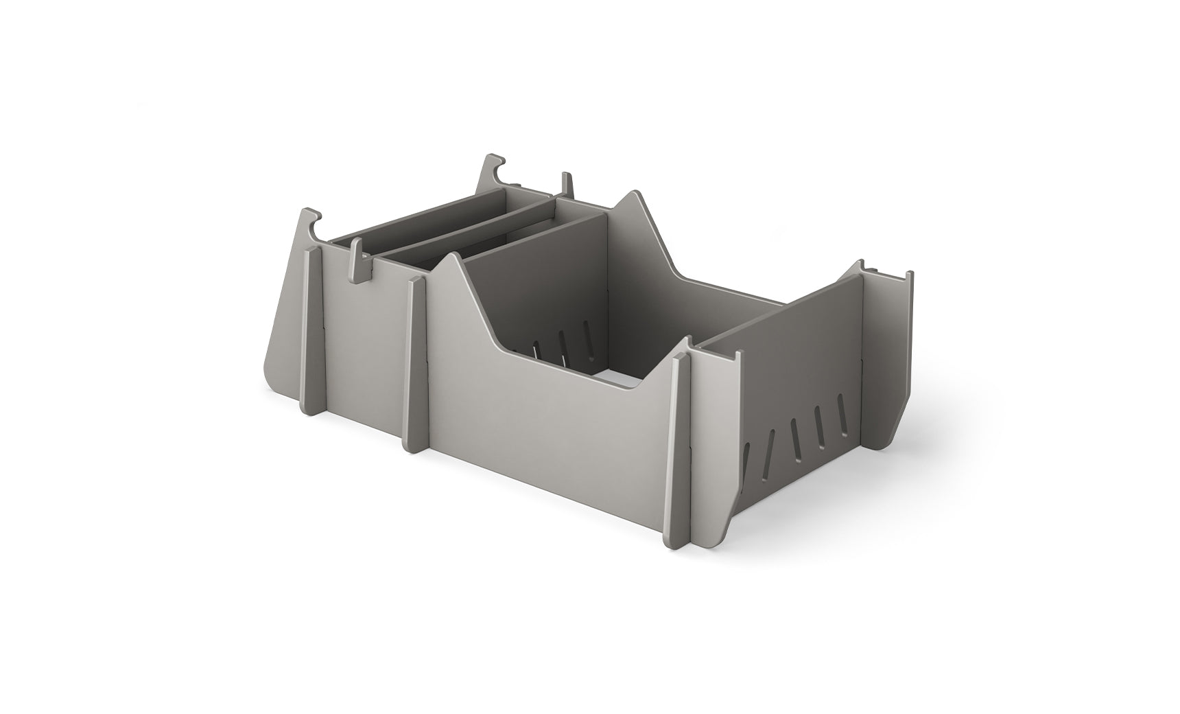 The Signature Chair Riser by Ledge Lounger is a gray, rectangular plastic organizer featuring multiple compartments and dividers. Its minimalist, modular design perfectly complements any workspace, just as in-pool seats enhance an outdoor day against a pristine white background.