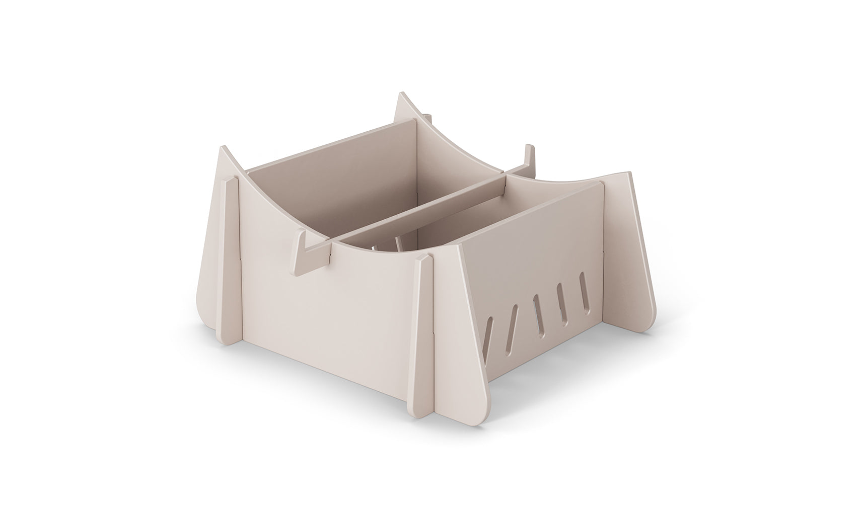 The Ledge Lounger Signature Chaise Riser is a beige modular storage box with interlocking panels, ideal for outdoor essentials. Vertical slots and a central divider create two compartments perfect for organizing in-pool seats or other items.