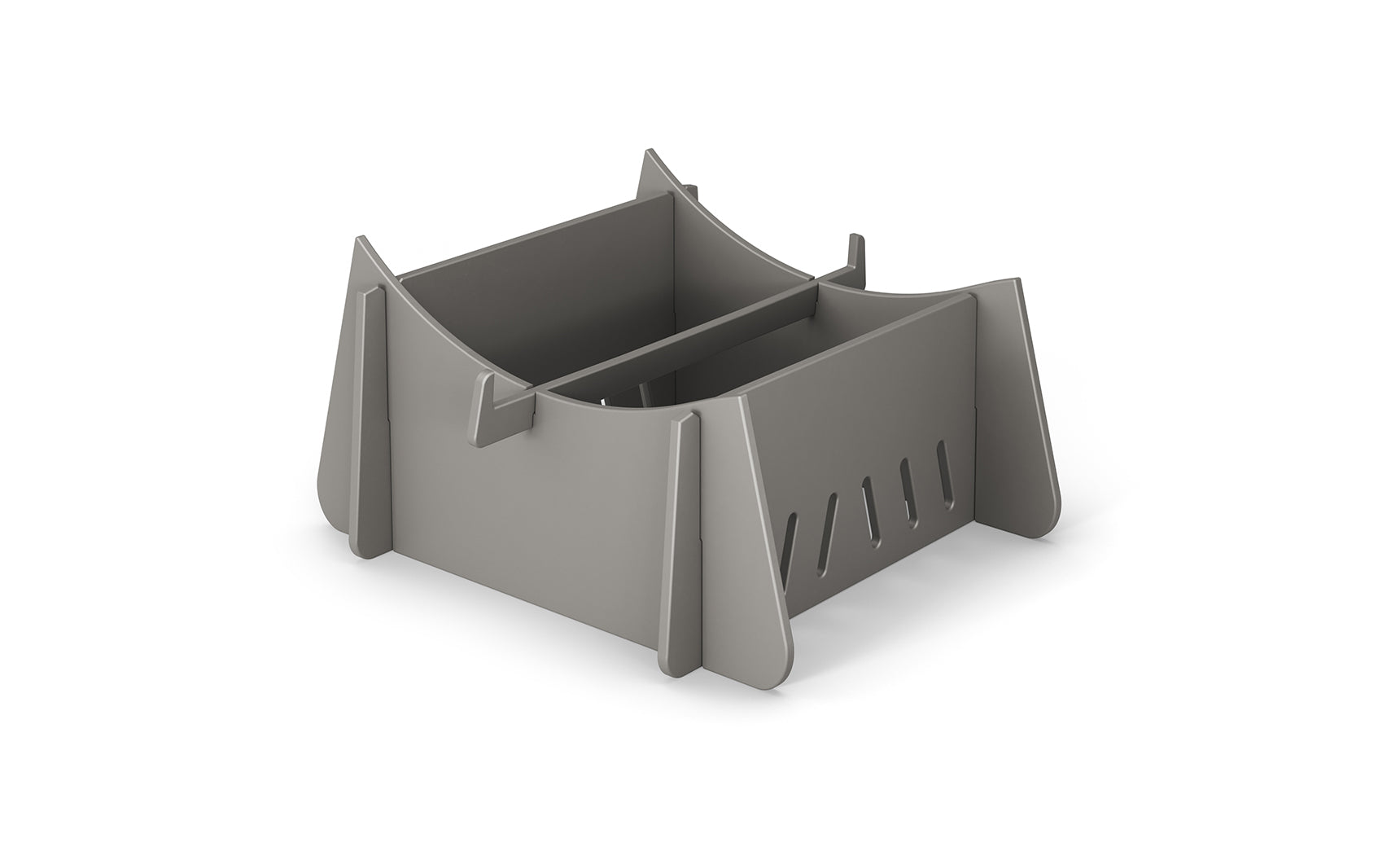 The Signature Chaise Riser by Ledge Lounger is a gray, modern geometric organizer with angled panels and vertical slots. Its minimalist style neatly stores papers or utensils, ideal for indoor and outdoor use.