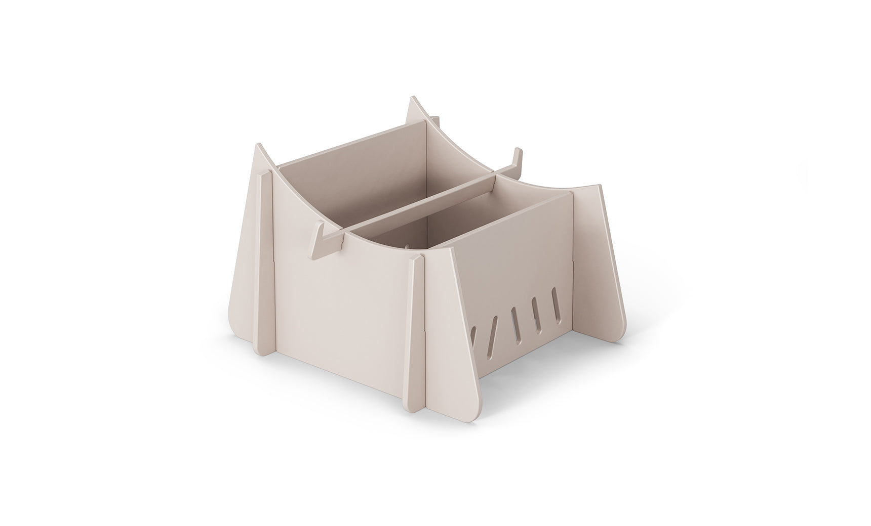 The Signature Chaise Riser by Ledge Lounger is a beige, foldable cardboard cat house with a contemporary design. It features four triangular sides, ventilation slits, and an arched roof opening, offering a cozy outdoor space for cats.