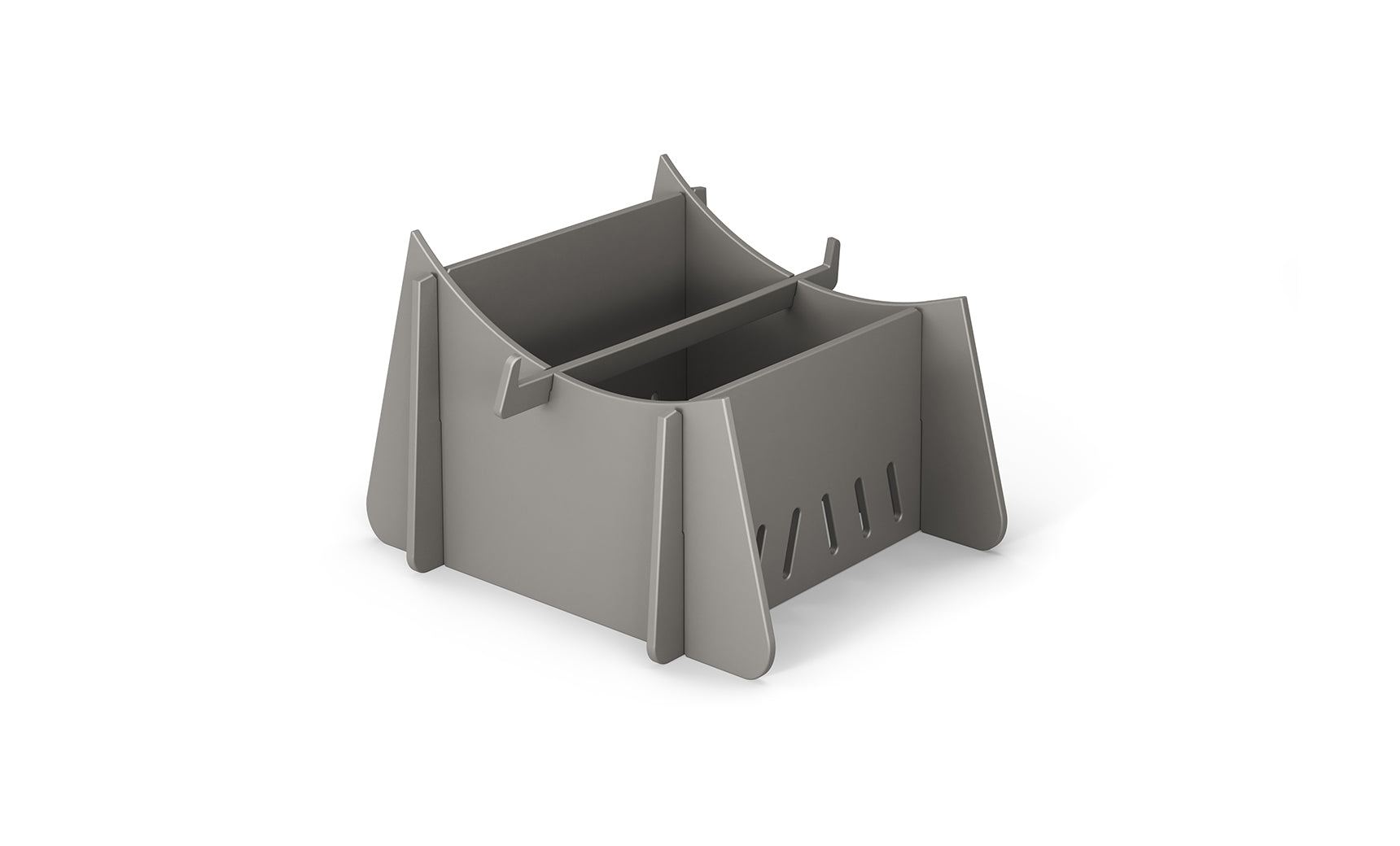 A Signature Chaise Riser by Ledge Lounger, featuring a gray plastic storage box with an angular design, sits on a white background. It has an open top, slotted sides, and a central divider, ideal for organizing outdoor essentials or storing in-pool seats.