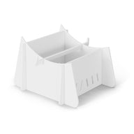 A white cardboard display box with multiple sections and side cutouts, resembling a Signature Chaise Riser by Ledge Lounger, is elegantly placed on a white surface.