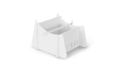 A white cardboard display box with multiple sections and side cutouts, resembling a Signature Chaise Riser by Ledge Lounger, is elegantly placed on a white surface.