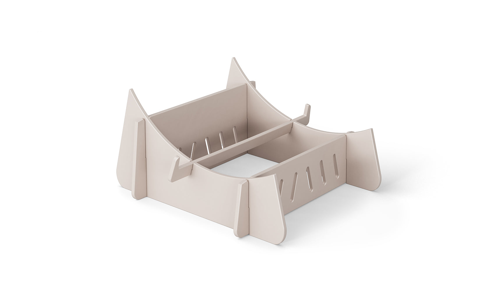 A beige cardboard laptop stand on a white background, the Signature Chaise Riser by Ledge Lounger, features a slotted design and raised support edges for securely holding your device, offering an elevated experience akin to a day by the pool.