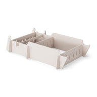 A beige, adjustable plastic drawer organizer with multiple compartments is shown empty on a white background—ideal for storing accessories or essentials for your Ledge Lounger Signature Lowback Chair With Riser by the pool.