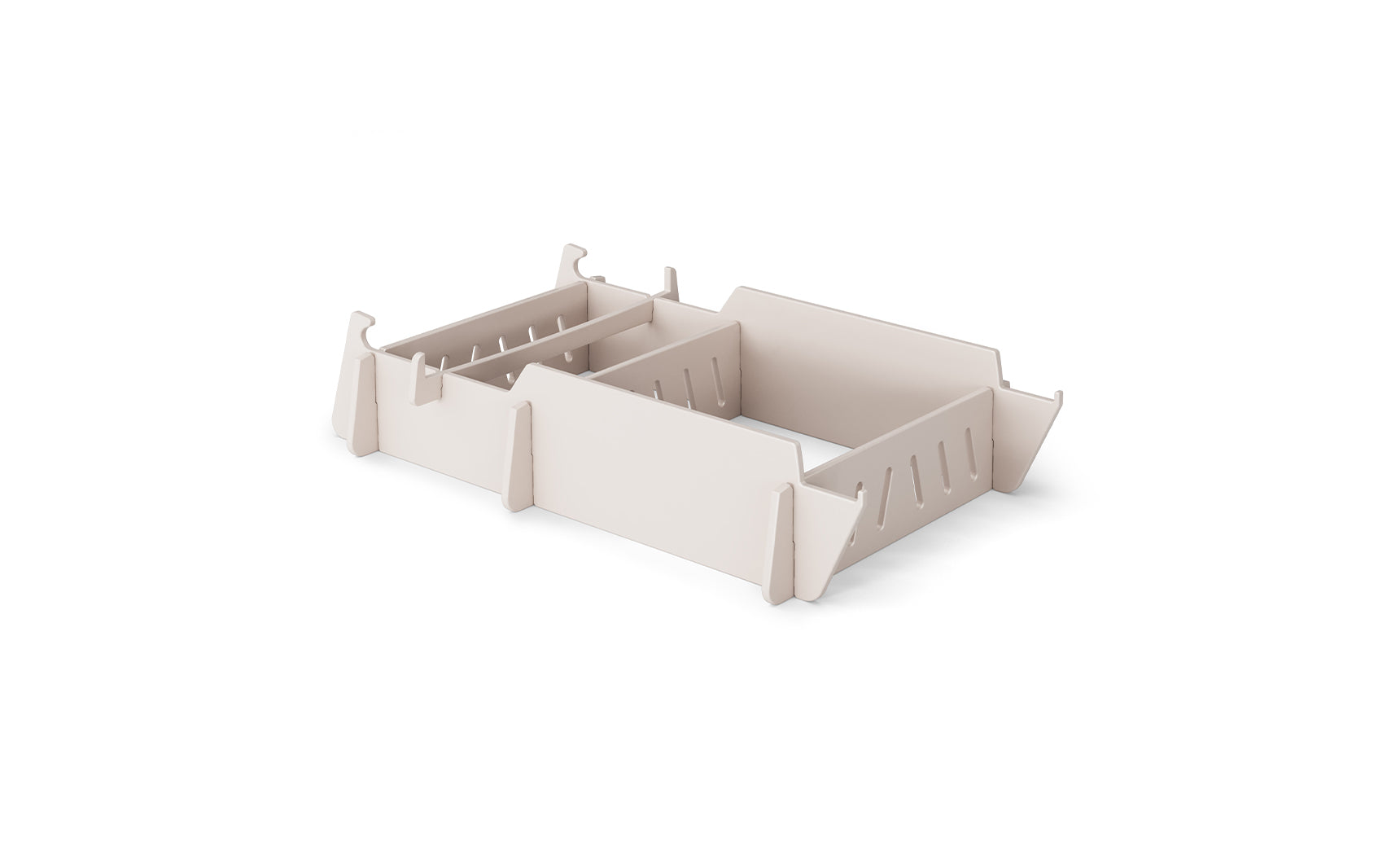A beige, adjustable plastic drawer organizer with multiple compartments is shown empty on a white background—ideal for storing accessories or essentials for your Ledge Lounger Signature Lowback Chair With Riser by the pool.