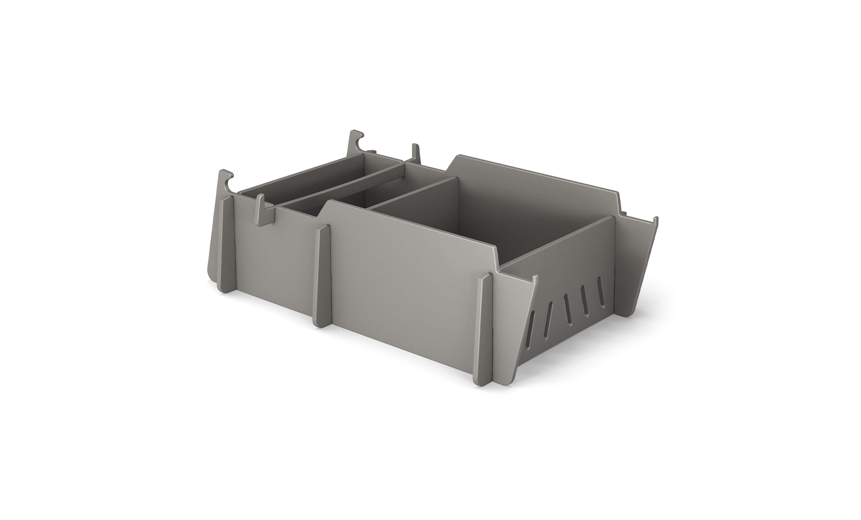 The Ledge Lounger Signature Lowback Chair With Medium Riser, shown on a white background, features sleek gray plastic and an ergonomic design—ideal for organizing accessories by the pool or outdoor lounge areas.
