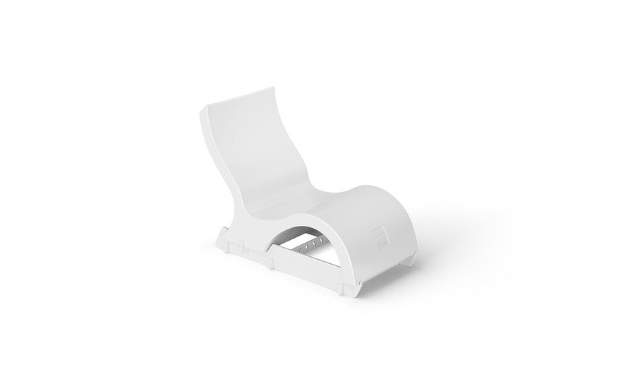 The Ledge Lounger Signature Lowback Chair With Short Riser is a modern white outdoor lounger with a curved design, ideal for poolside seating and displayed on a plain white background.