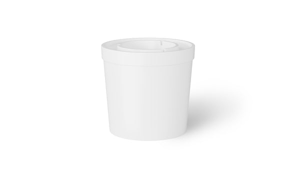 The Ledge Lounger Signature Ice Basin, a white cylindrical container with a flat lid, is set against a plain white background. Its simple design features smooth surfaces without visible markings, and delicate shadowing hints at subtle right-side lighting.