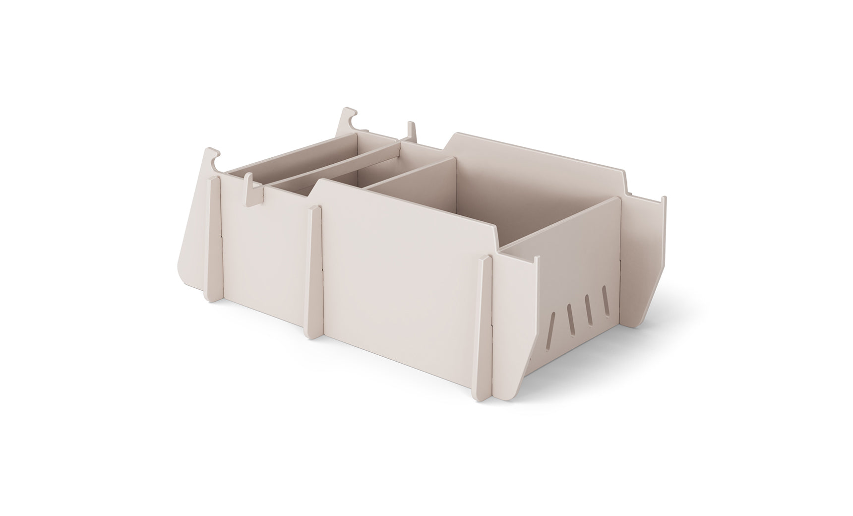 A beige, modular cardboard organizer with three compartments and interlocking panels on a white background features a stable design with a slightly raised edge, similar to the precision of products from Ledge Loungers Signature Lowback Chair Riser line.