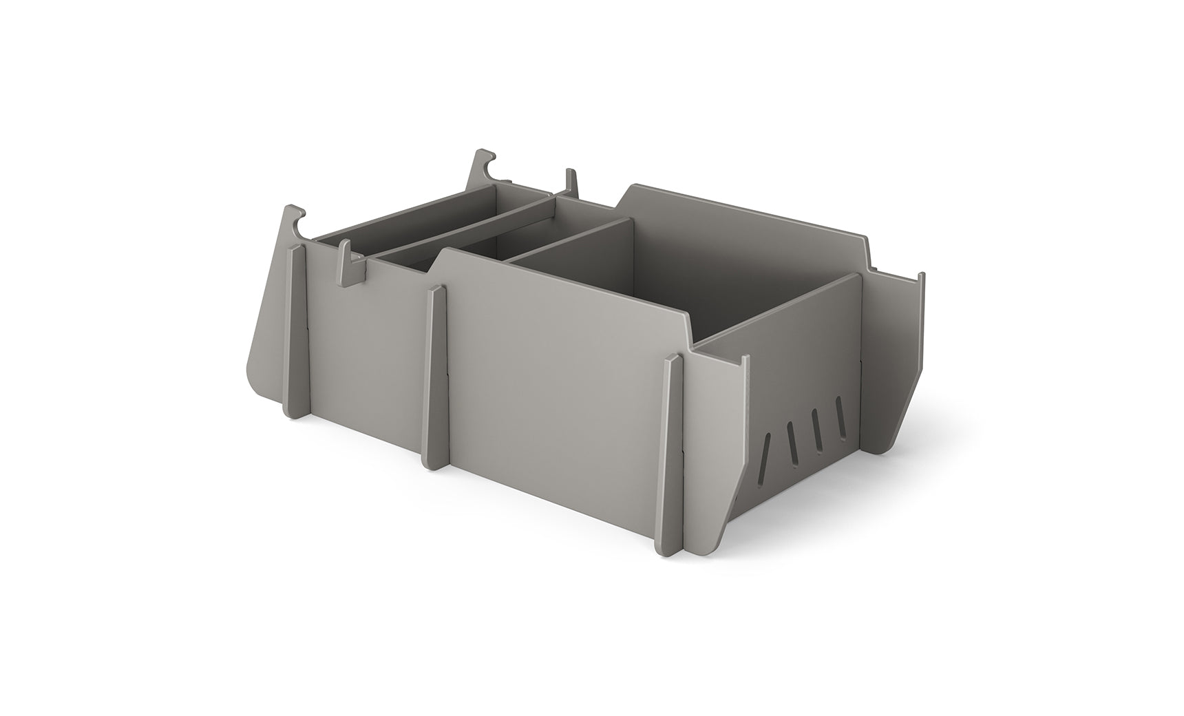 The Signature Lowback Chair Riser by Ledge Lounger is a gray modular storage solution with customizable interlocking compartments and slots, perfect for organizing and elevating your outdoor essentials against a white background.