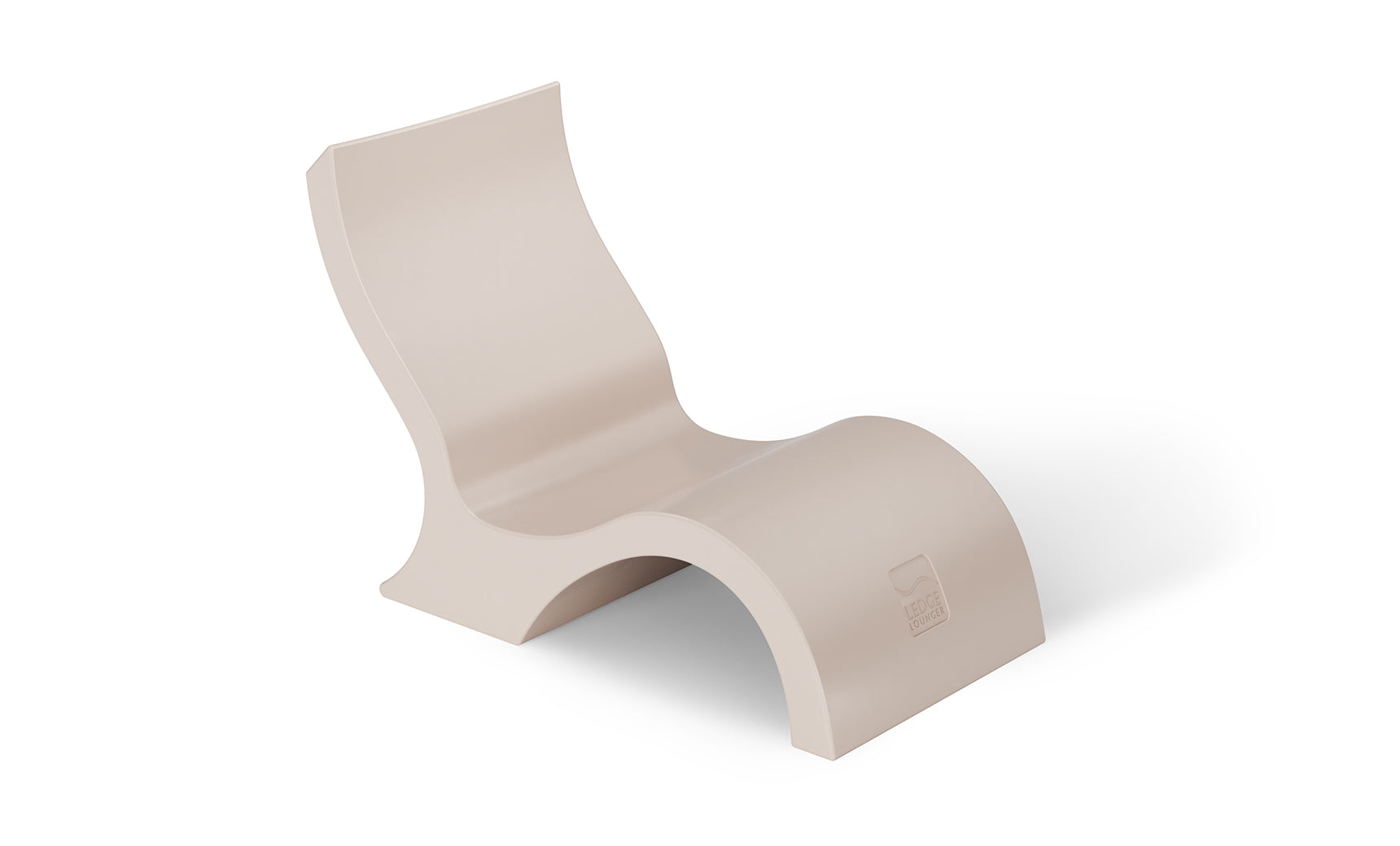 The Ledge Lounger Signature Lowback Chair With Short Riser is a modern beige S-shaped plastic lounge chair with a smooth, curved design and a logo embossed on the lower front—ideal as stylish poolside seating.
