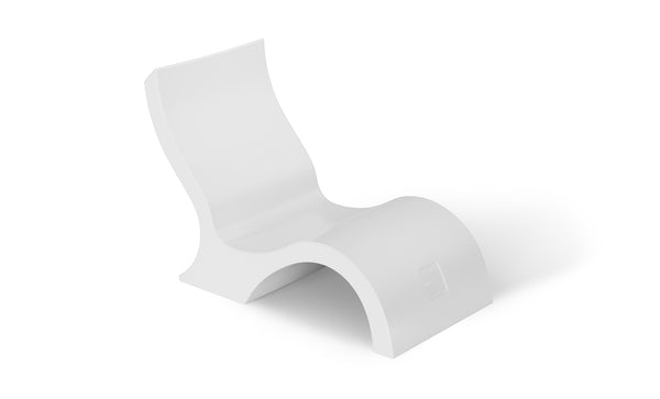 The white Signature Lowback Chair by Ledge Lounger boasts a modern, minimalist design with a curved seat and wavy structure. Its glossy finish complements any flat surface, ideal for enhancing your outdoor oasis.