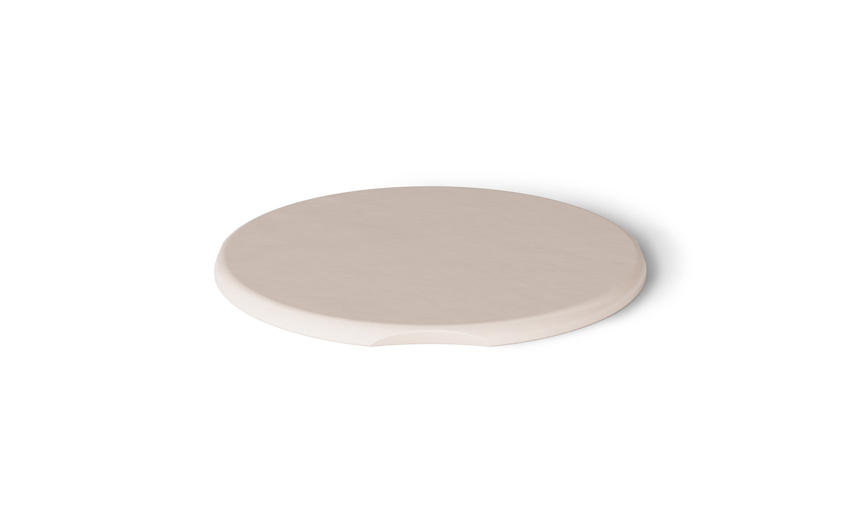 A round, flat, beige ceramic coaster with a small notch on one side rests on a white surface, enhancing your Ledge Lounger Signature Side Table Lid. Its UV-resistant finish ensures durability, making it ideal for any setting.