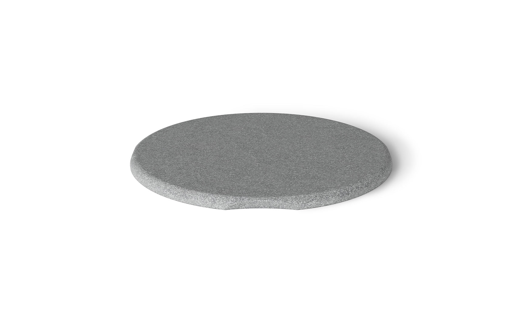 A round, gray stone with a smooth surface and slight indentation resembles the Signature Side Table Lid by Ledge Lounger, isolated against a white background.