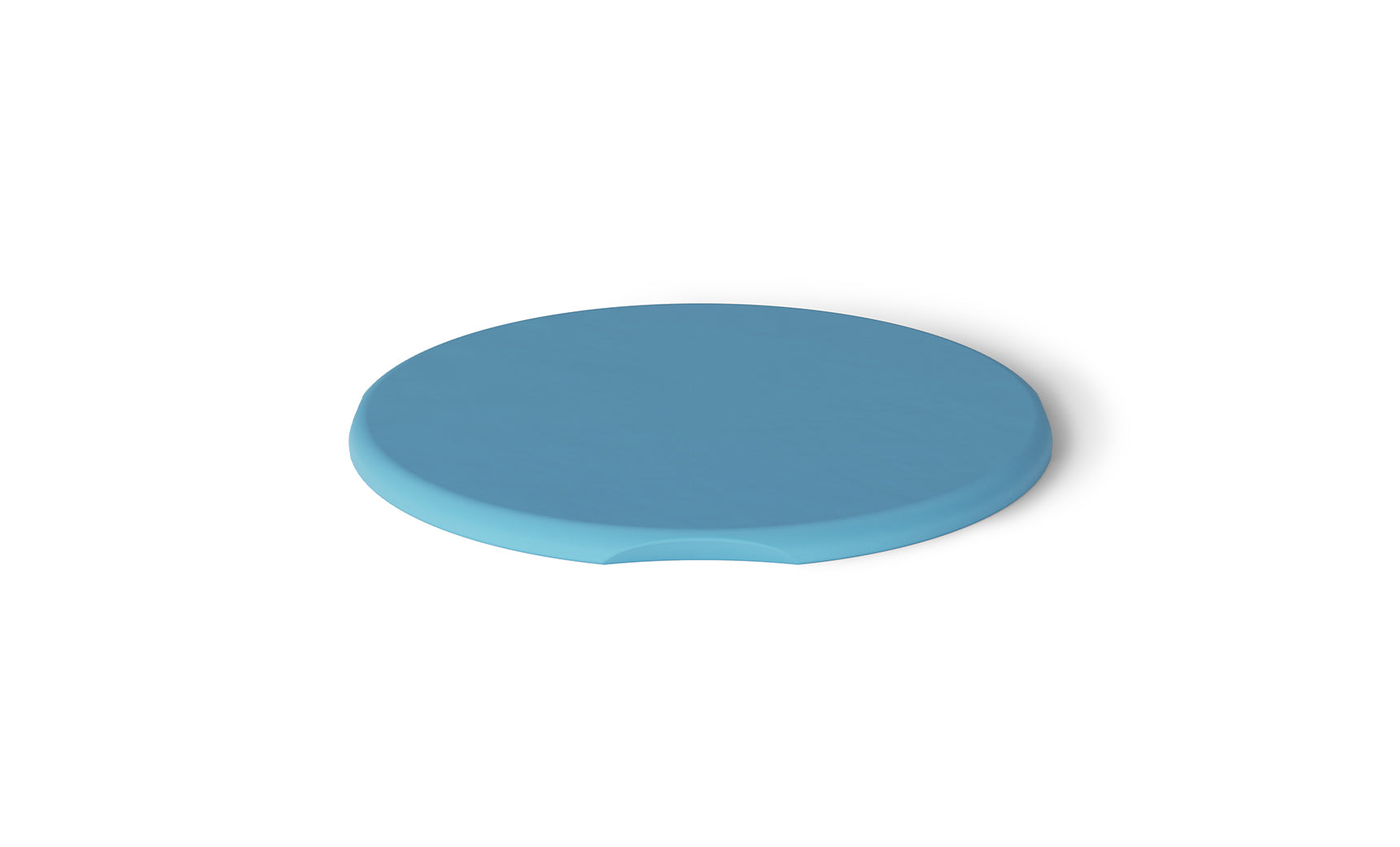 Against a white backdrop, the blue, round Signature Side Table Lid by Ledge Lounger is showcased. Made of silicone with a smooth surface and a small notch for easy removal, its perfect for outdoor use due to its UV-resistant properties.