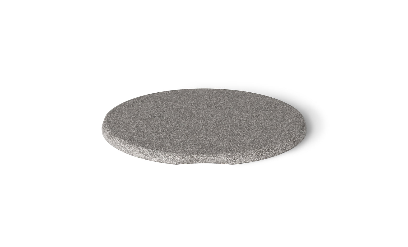 The Signature Side Table Lid by Ledge Lounger is a speckled gray, round stone-like surface with a smooth texture and an indented edge, adding character to outdoor spaces while casting a faint shadow on the white background.