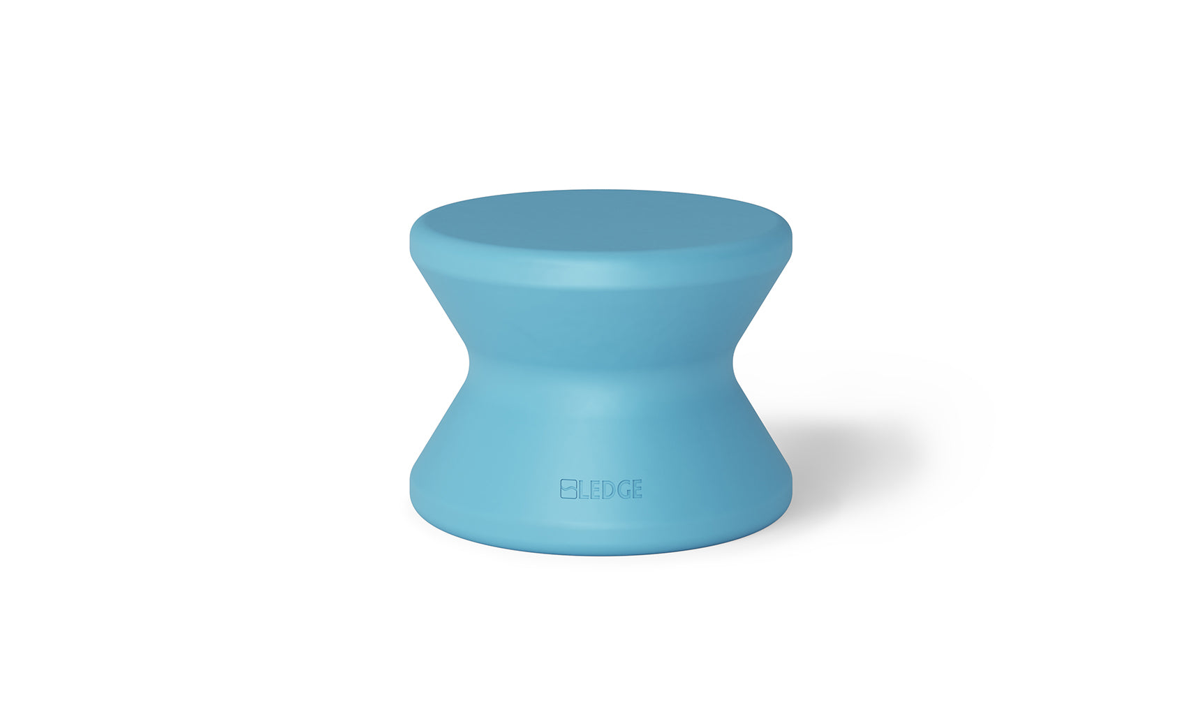 The Signature Standard Side Table by Ledge Lounger is a blue hourglass-shaped stool with a smooth finish, ideal for in-pool use. Its modern design features ELEDGE embossed near the base, making it perfect for a sun shelf.