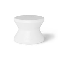 A white, hourglass-shaped stool by Ledge Lounger with a smooth surface is centered on a plain white background. Ideal for sun shelf lounging or in-pool use, it has a minimalist design with a wider base and top, narrowing in the middle—similar to the Signature Standard Side Table.