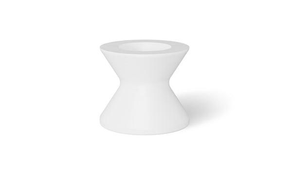 The Signature Tall Ice Bin Side Table by Ledge Lounger is a white, hourglass-shaped stool with a circular top and bottom that doubles as an ice bin side table. Its sleek, modern design features a smooth glossy finish, casting a faint shadow on the white background.