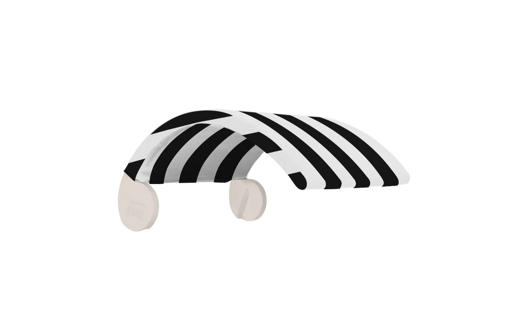 The Signature Chair Shade by Ledge Lounger features a black and white striped canopy with light beige clips, designed for effortless attachment to your Signature Chair, offering ideal shade as you relax.