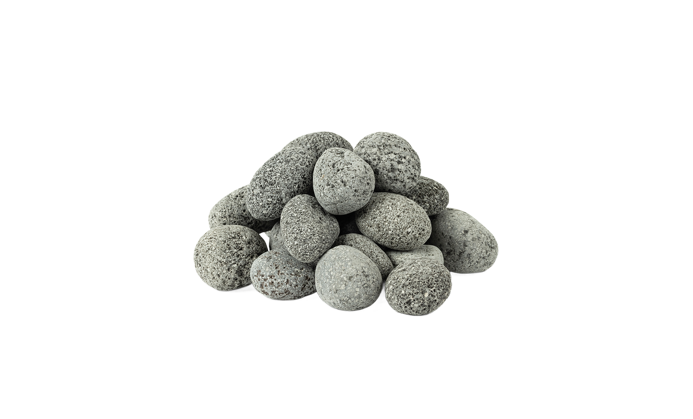 A small pile of Halo Firepit Lava Rocks by Ledge Lounger, featuring smooth, rounded gray stones on a white background—perfect as heat-resistant media for your firepit.