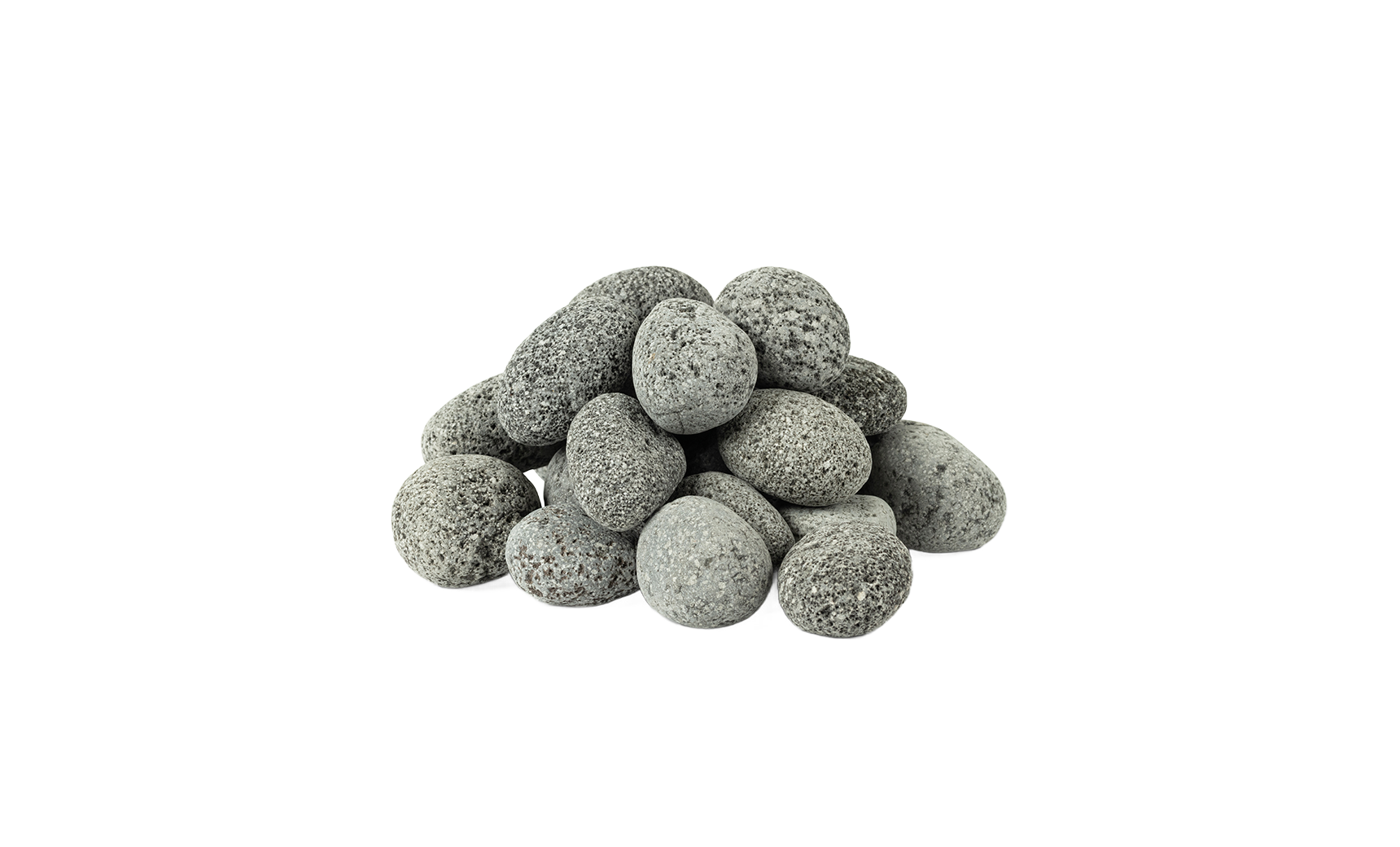 A small pile of Halo Firepit Lava Rocks by Ledge Lounger, featuring smooth, rounded gray stones on a white background—perfect as heat-resistant media for your firepit.