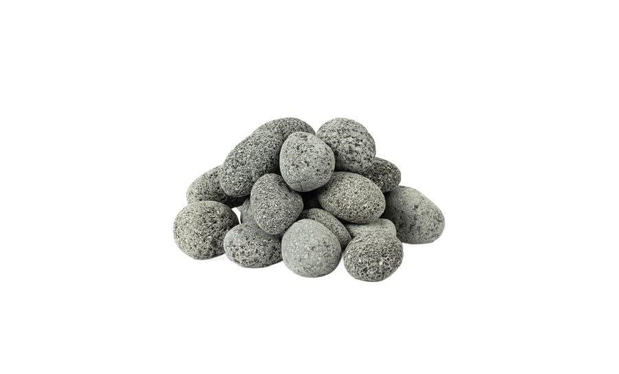 A small pile of Halo Firepit Lava Rocks by Ledge Lounger, featuring smooth, rounded gray stones on a white background—perfect as heat-resistant media for your firepit.