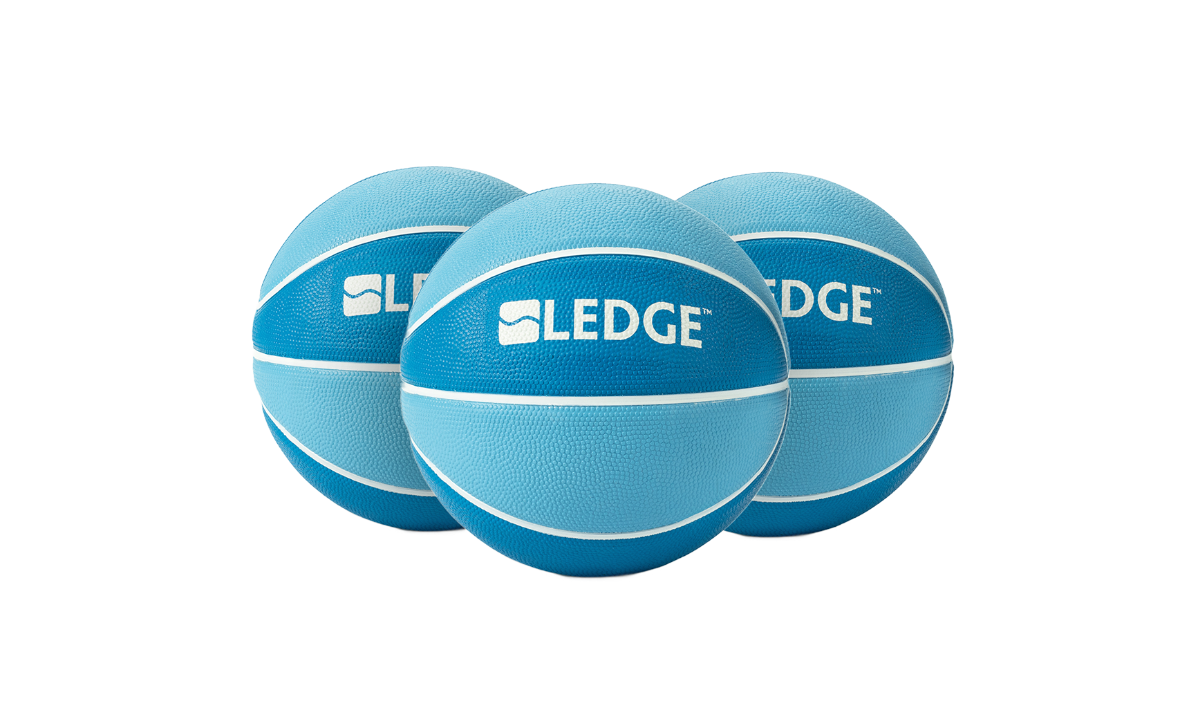 Three Ledge Lounger light blue and white basketballs from the Ledge Basketball Set of 3 are arranged closely together against a white background.