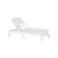 The Ledge Lounger Mainstay Chaise is a modern white outdoor recliner with an adjustable backrest, cushion, and small rectangular pillow, displayed against a plain white background.