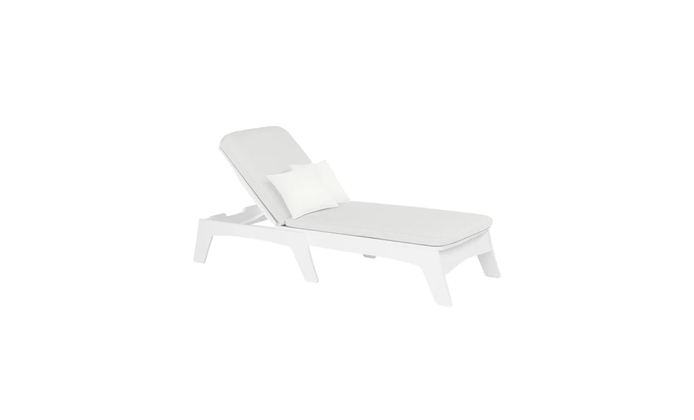 The Ledge Lounger Mainstay Chaise is a modern white outdoor recliner with an adjustable backrest, cushion, and small rectangular pillow, displayed against a plain white background.