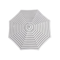 Top view of the Ledge Lounger 7.5' Octagon Signature 360° Tilt Umbrella, featuring alternating light and dark gray concentric stripes radiating from the center, fully open against a white background.