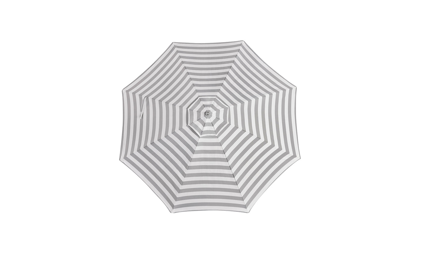 Top view of the Ledge Lounger 7.5' Octagon Signature 360° Tilt Umbrella, featuring alternating light and dark gray concentric stripes radiating from the center, fully open against a white background.