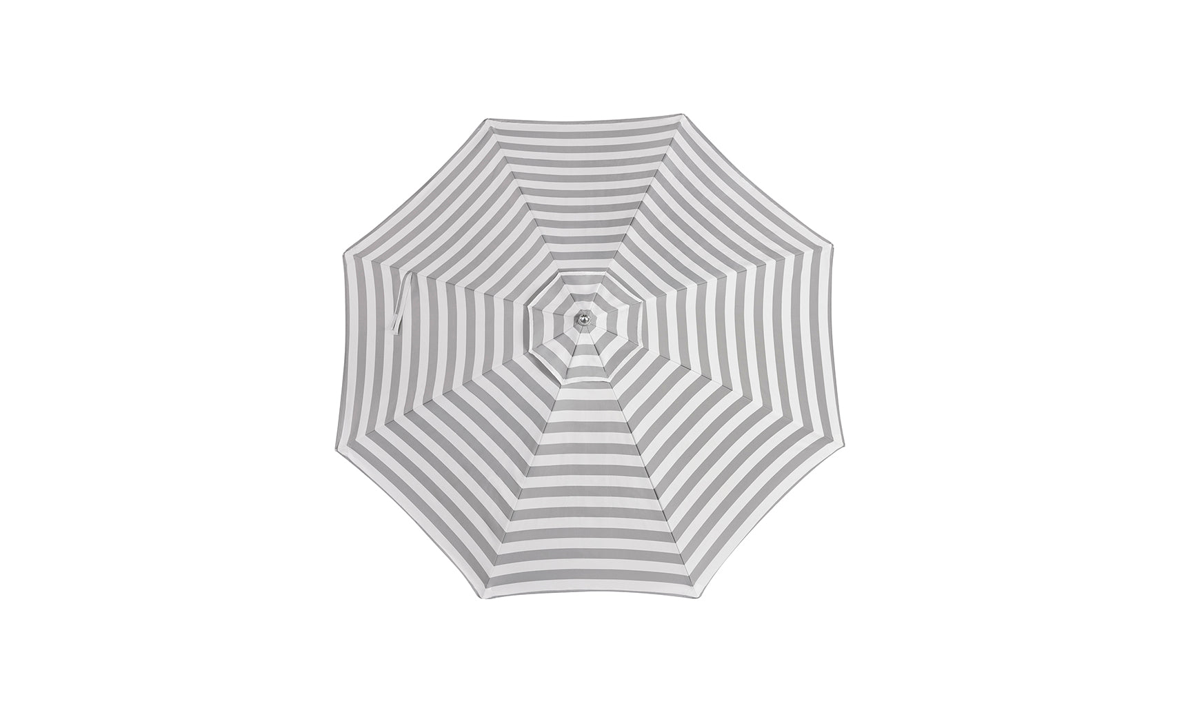 Top view of the Ledge Lounger 7.5' Octagon Signature 360° Tilt Umbrella, featuring alternating light and dark gray concentric stripes radiating from the center, fully open against a white background.