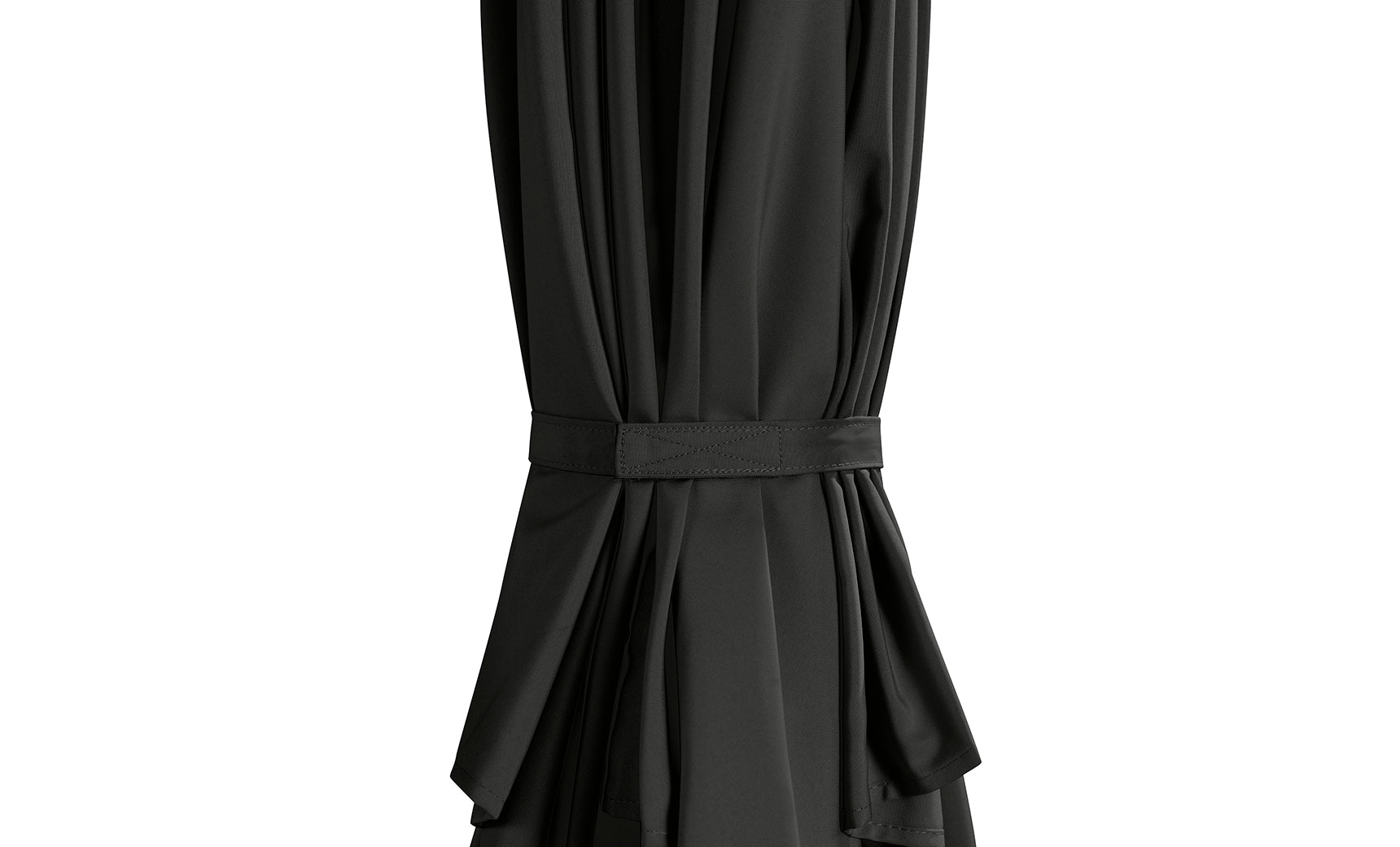 A close-up of Ledge Lounger's 8.5' Square Signature 360° Tilt Umbrella in black, neatly gathered with a fabric tieback against a white background, showcasing the elegance of luxury outdoor umbrellas.