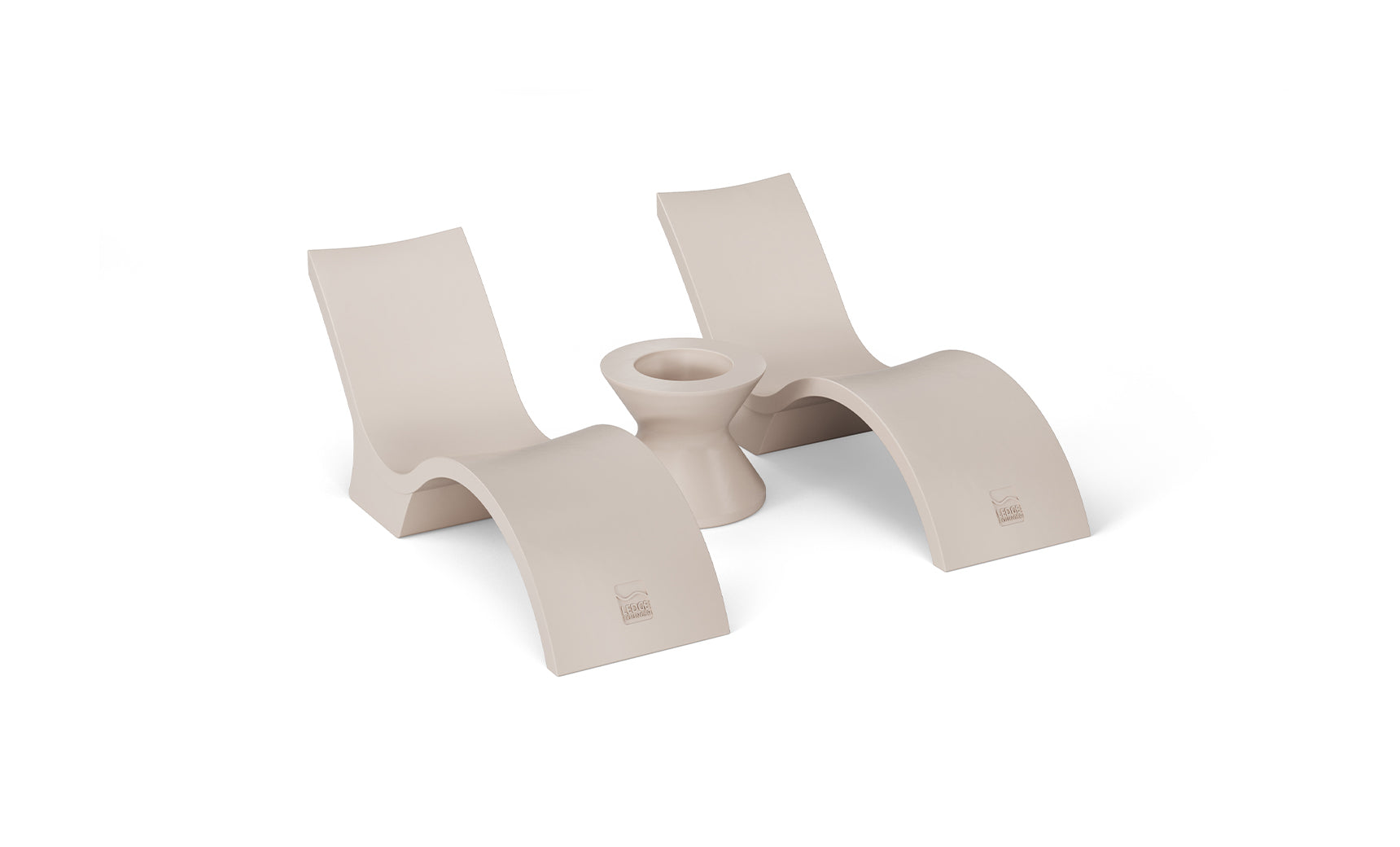 The Ledge Lounger Outdoor Oasis In-Pool Furniture Bundle features two modern beige Deep Chaise lounge chairs with curved designs, facing each other and separated by a matching ice bin side table, all set against a plain white backdrop to highlight their sleek, stylish look.